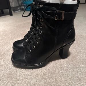 Classic Black Lace-Up Heeled Ankle Boots - Women